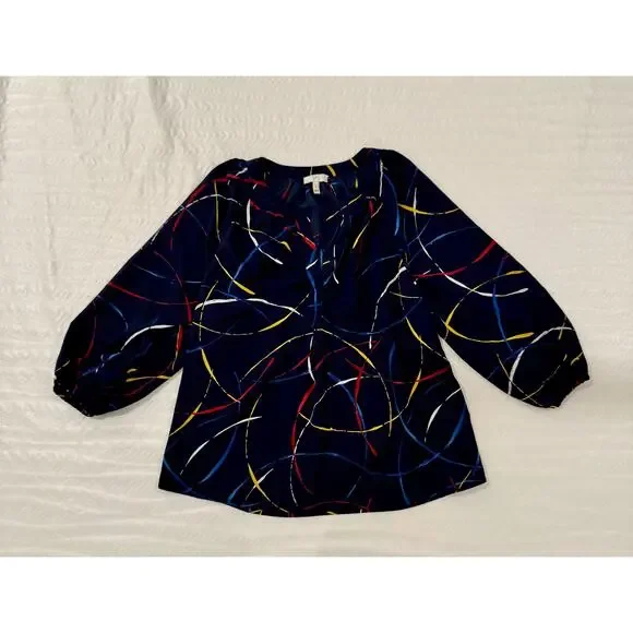 Joie Georgette Blouse Navy Blue Women’s Small Abstract Art Wear Artsy Statement - Picture 5 of 15